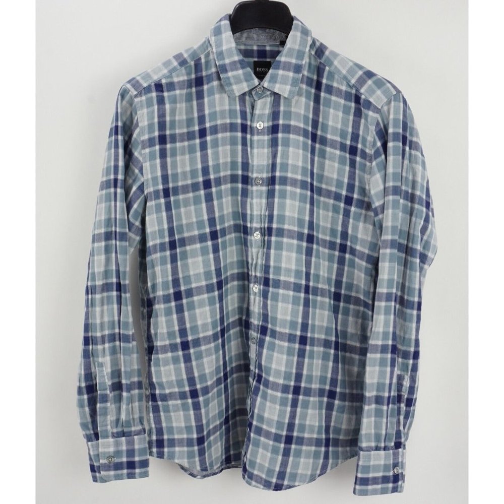 Hugo Boss Ronny 21 Mens Large Slim Blue White Plaid Double Cloth Button Up Shirt